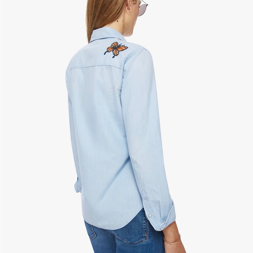 Brand new MOTHER snap button denim shirt with embroidered flowers